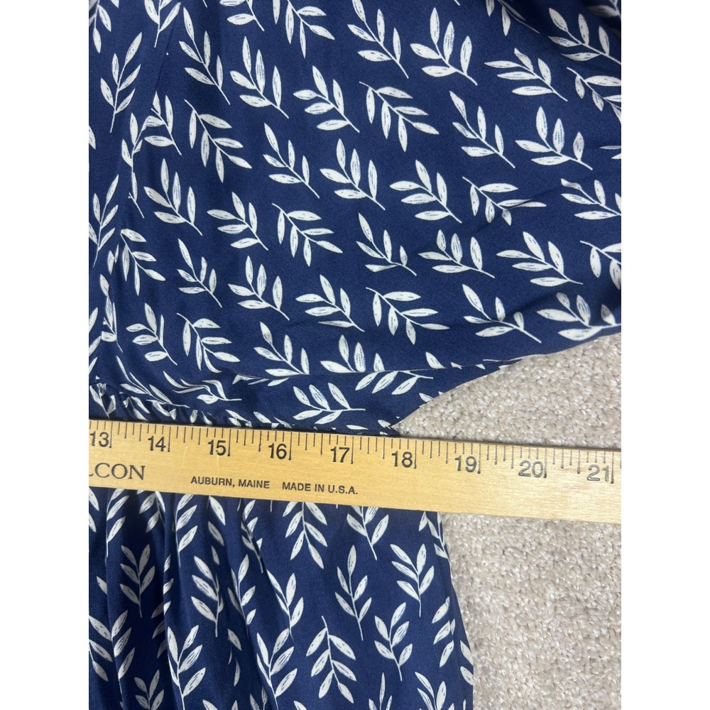 Womans Navy Blue Leaf Print V-Neck Balloon Sleeve Dress Small NWT Boho Peasant - Picture 5 of 7